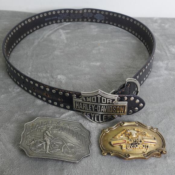 Lot 3 Harley Davidson Motorcycles Belt Buckles + size 36 Mens Belt - Picture 1 of 16